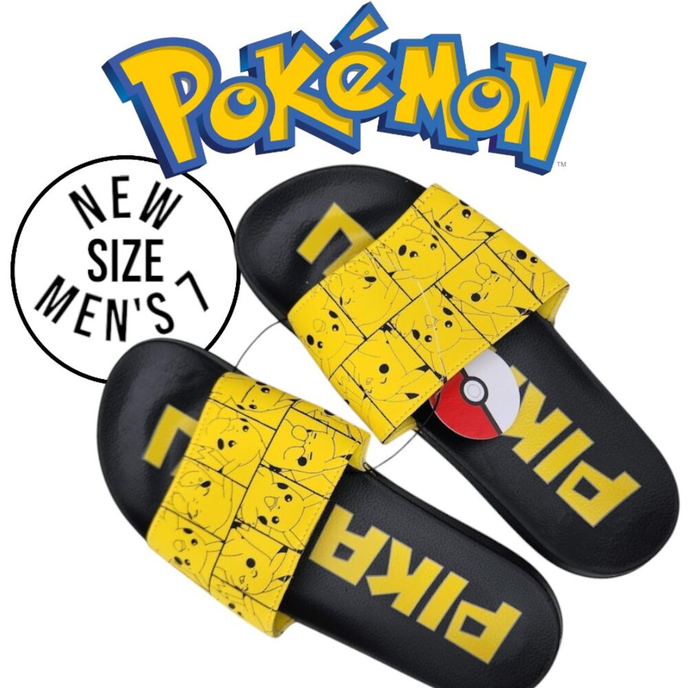 NEW Men's Size 7 Sandals Pikachu Pokemon Yellow Black NEW NWT Slides Pokémon Bra